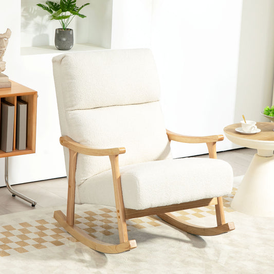 HOMCOM Upholstered Rocking Chair, Teddy Fleece Fabric, High Back, Armrests, Rubberwood Legs, Cream White