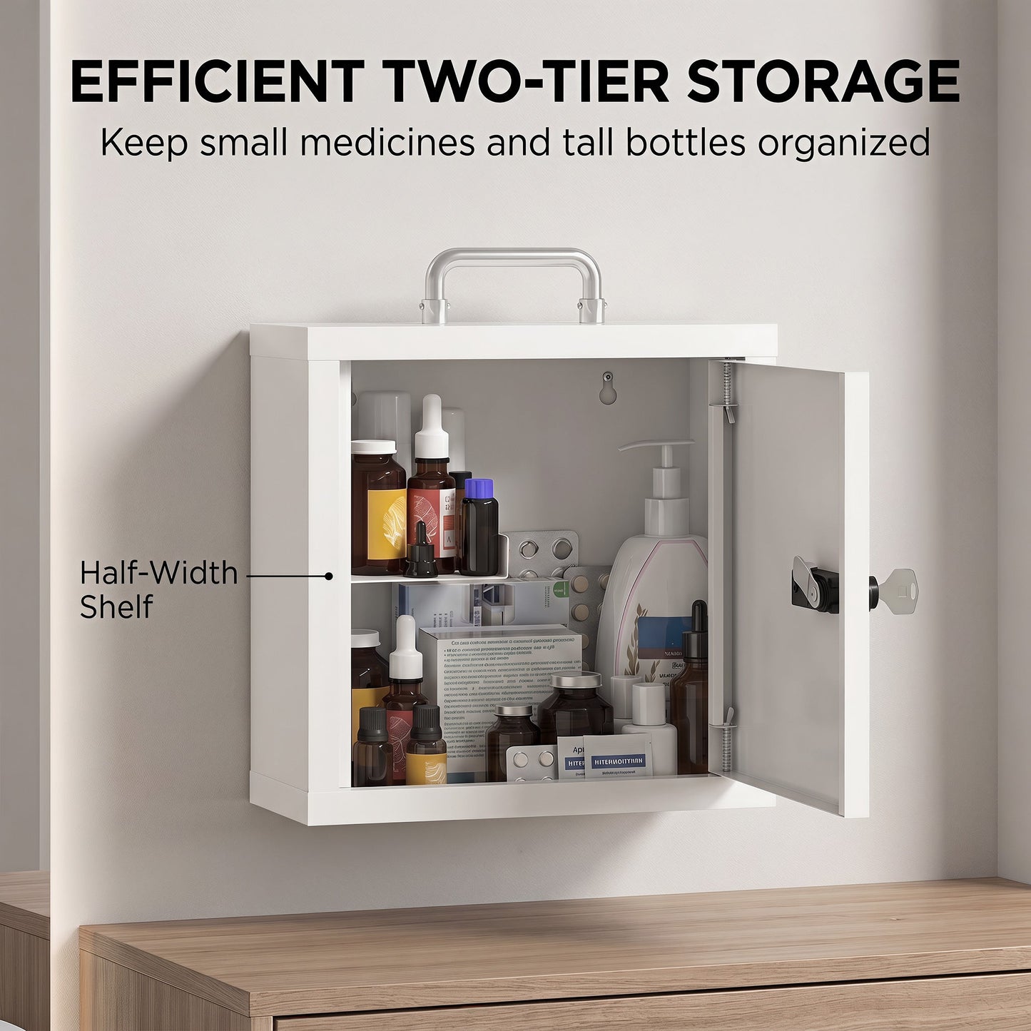 HOMCOM Wall Mount Medicine Cabinet with Combination and Key Lock, 2 Tier Stainless Steel First Aid Cabinet, White