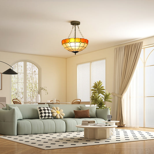 مصباح سقف من HOMCOM بتصميم تيفاني، ثريا عتيقة بـ 3 مقابس E27، إضاءة شبه متساطحة لغرفة المعيشة، المصابيح غير متضمنة