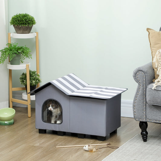 بيت قطط خارجي من باو هت، كهف للقطط الضالة مقاوم للعوامل الجوية مع قاعدة مرتفعة ووسادة للشتاء، رمادي