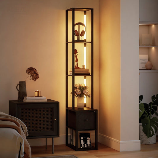 مصباح أرضي من HOMCOM مع أرفف، مصباح عمودي عصري LED قائم بذاته مع درج قماشي، إضاءة قابلة للتعديل، مفتاح قدم لغرفة المعيشة وغرفة النوم والمكتب، أسود