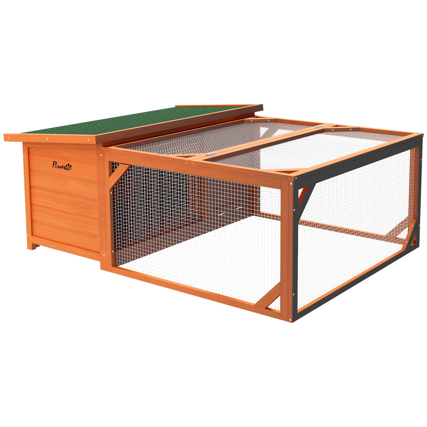 PawHut Rabbit Hutch Outdoor Guinea Pig Hutch with Run Small Animal Off-ground Duck House Hideaway Backyard with Openable Roof 125.5 x 100 x 49cm Orange