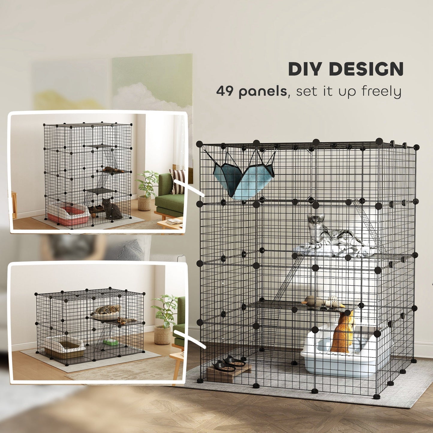 قفص قطط من الصلب من PawHut للاستخدام الداخلي مع أرجوحة، ومنحدرات، وأبواب، قفص قطط DIY لـ 1-3 قطط، أسود