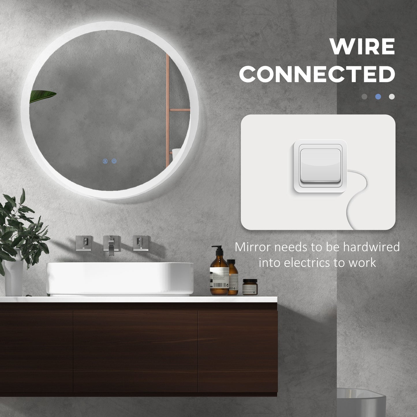 kleankin Round Bathroom Mirror with LED Lights, Wall-Mounted Dimmable Makeup Mirror with 3 Temperature Colours, Defogging Film, Memory Function, Hardwired, 70 x 70Â cm