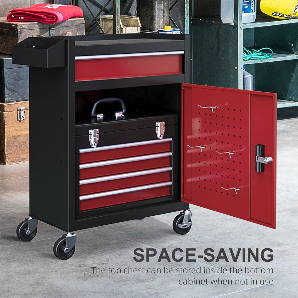 HOMCOM Two-Part Tool Storage Chest on Wheels in Black and Red