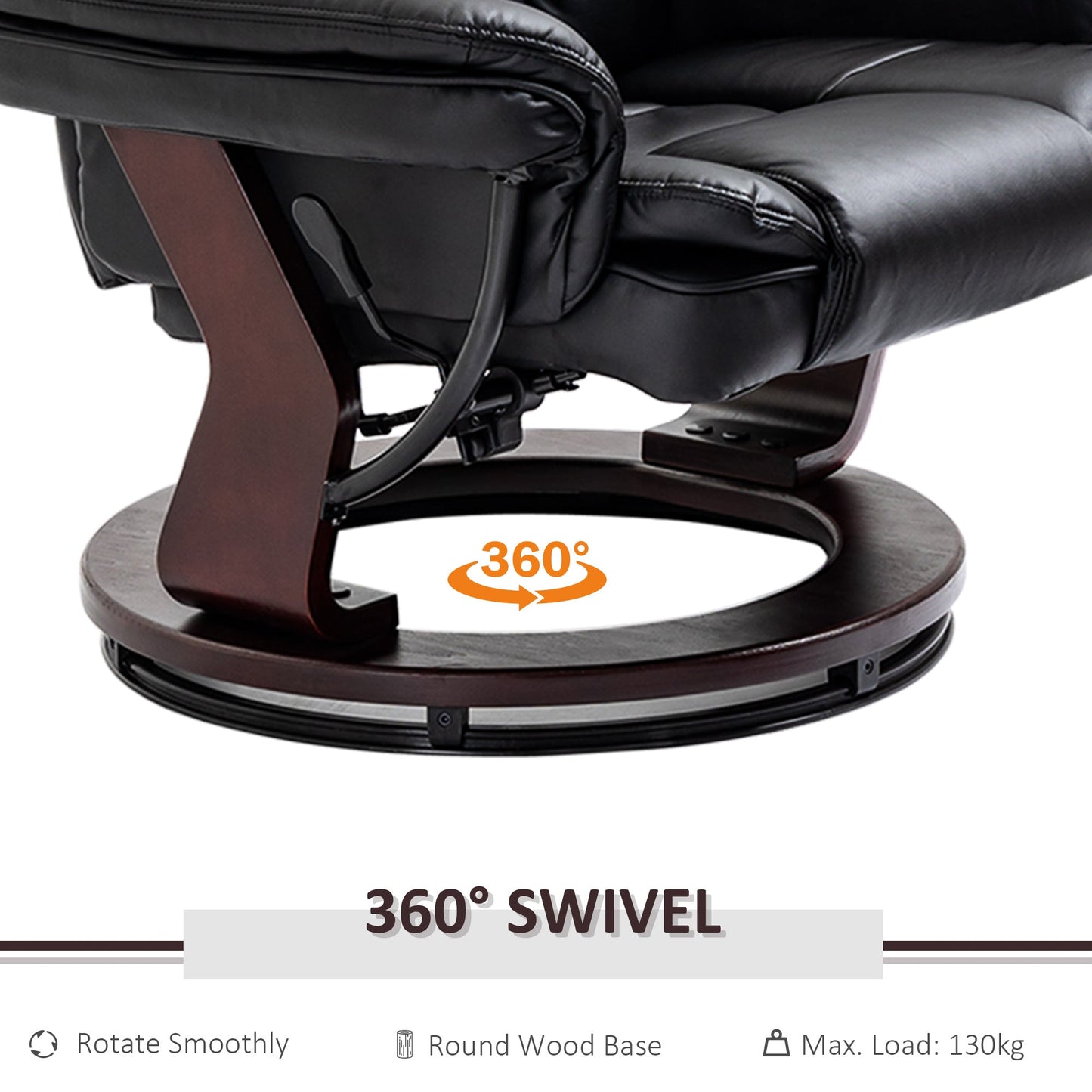 HOMCOM Recliner Chair With footstool, Recliner Armchair up to 130kg Weight Capacity, 135 degrees Reclining Swivel Sofa Chair, PU Leather Ergonomic Couch Bed with Swivel Wood Base for Living Room, Black