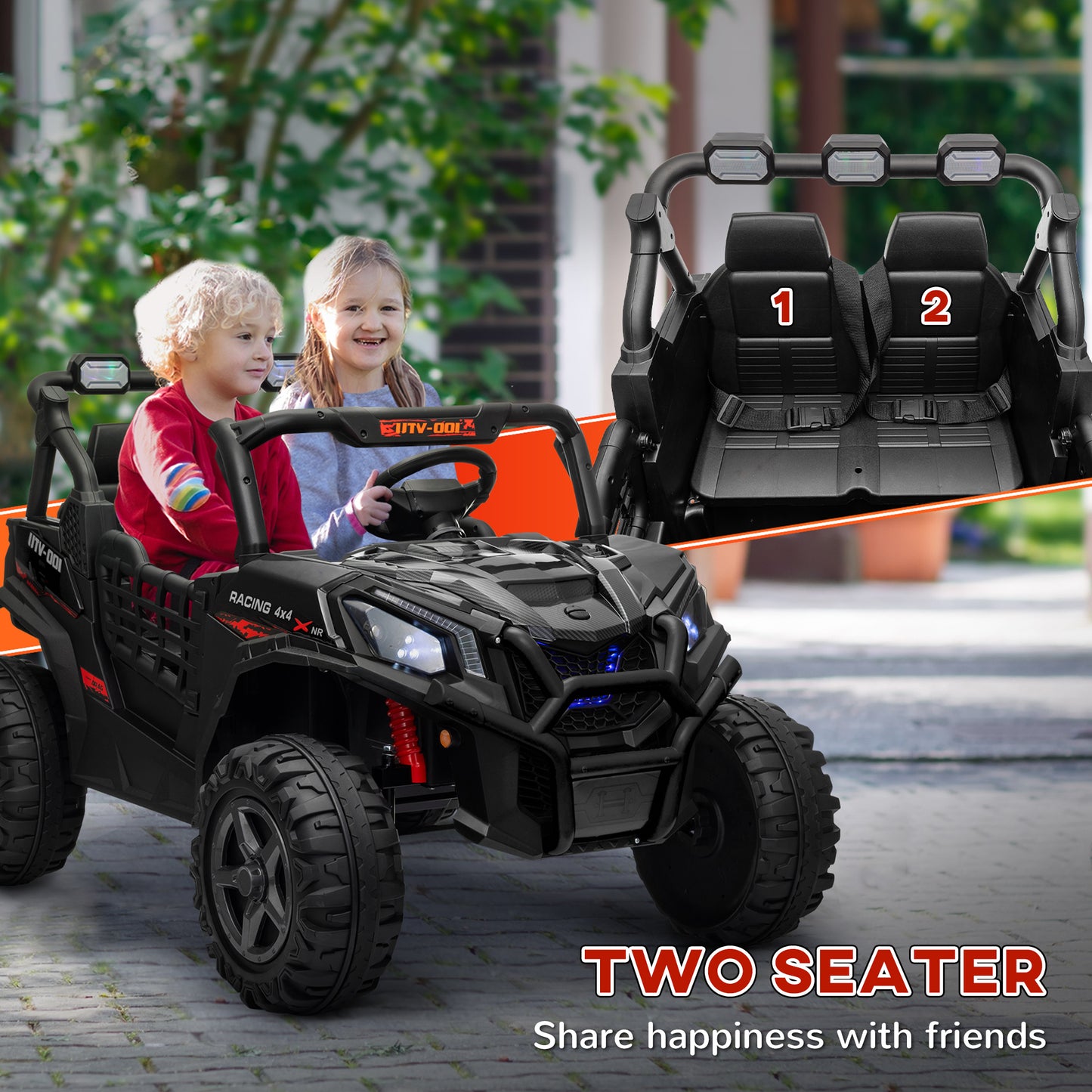 سيارة كهربائية للأطفال AIYAPLAY 24V 2 Seater مع جهاز تحكم عن بعد، نظام تعليق، بدء بطيء، 3 سرعات، للأطفال من سن 3 إلى 8 سنوات، لون أسود