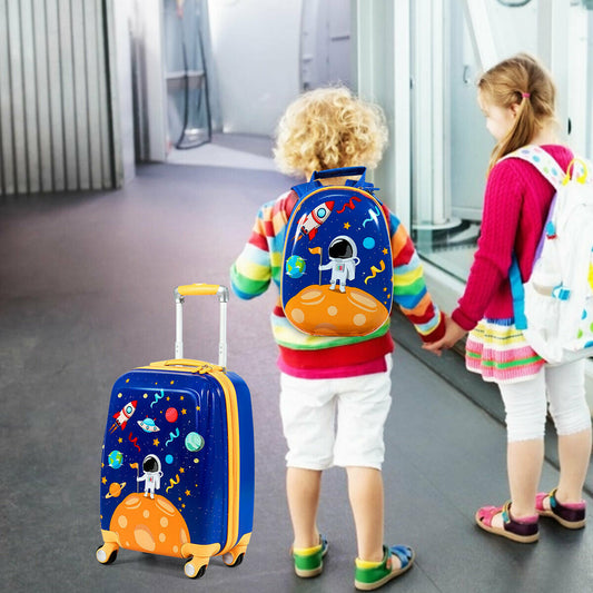 Two children walking down a hallway with the kids luggage set