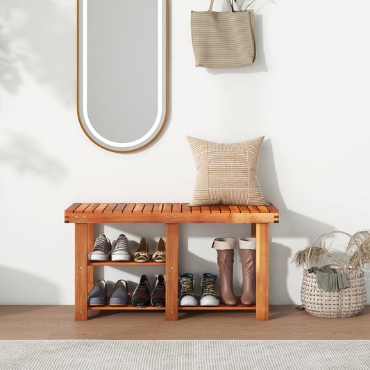 The wooden bench placed in a hallway with various shoes stored on the shelves