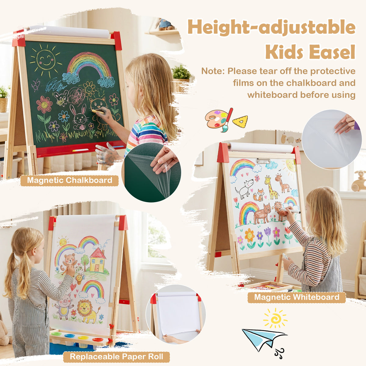 Close-up views of the magnetic chalkboard and whiteboard on the adjustable art easel