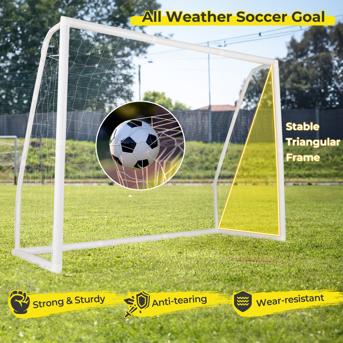 Close up of the soccer goal showing its frame and net with text about its features