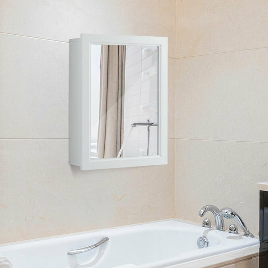 The wall cabinet mounted on a tiled wall above a white bathtub in a bathroom setting