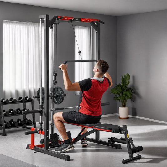SPORTNOW Cable Crossover Machine, Multi-Function Power Rack with Pull Up Bar, Lat Pull Down System, Squat Rack, Barbell Bar