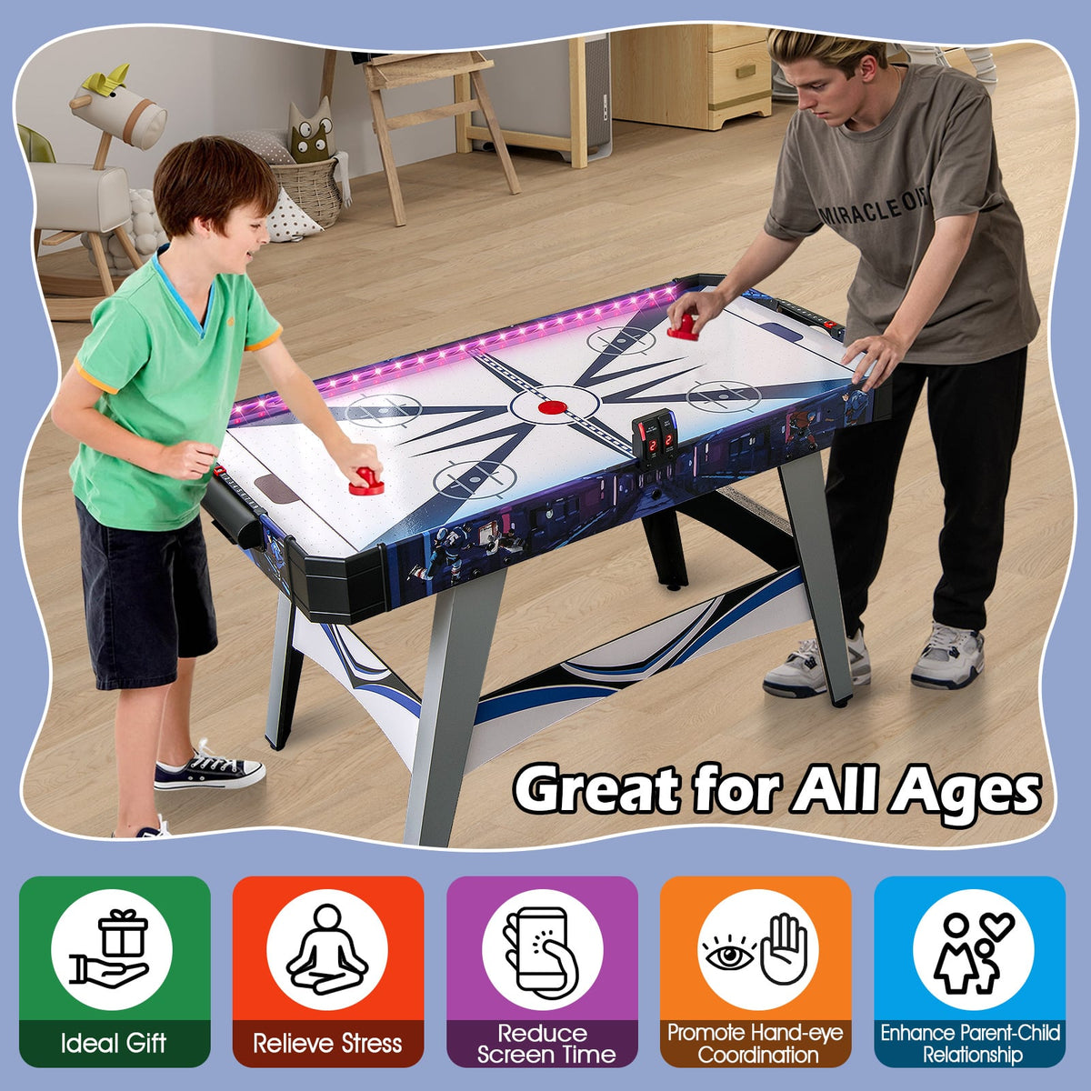 A family playing the air hockey table, with icons showing benefits of the game