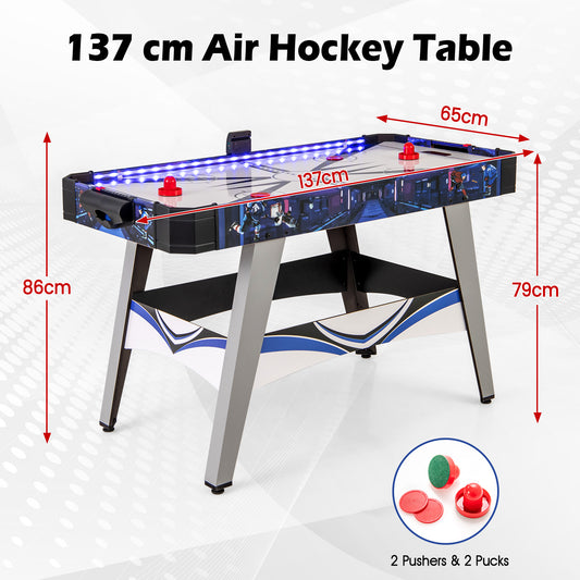 The air hockey table with dimensions shown for length, width and height