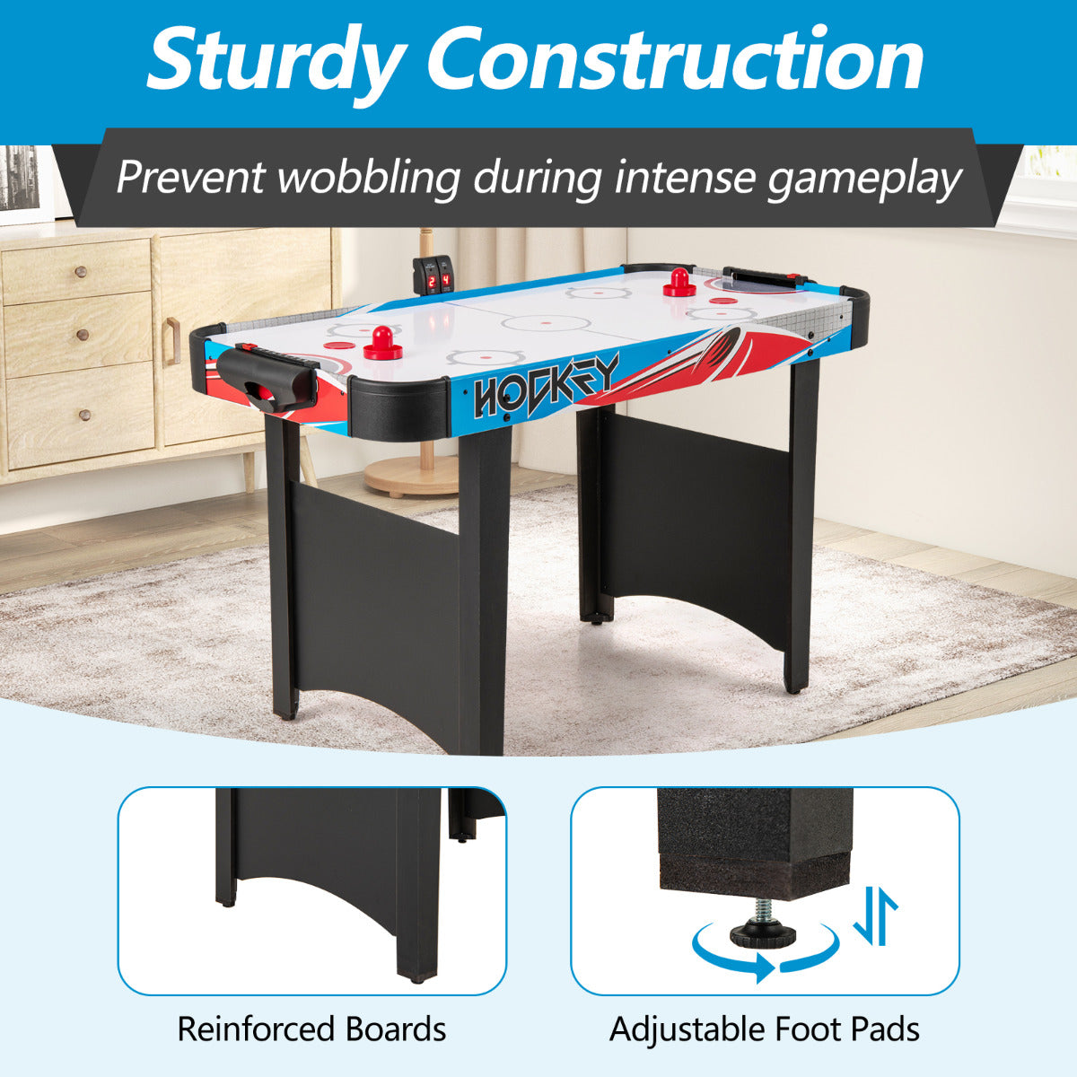 Sturdy construction with reinforced boards and adjustable foot pads on the game room air hockey table