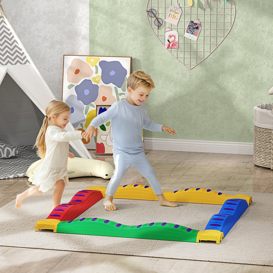 Two children playing on the multicoloured stepping stones balance beam in a living room