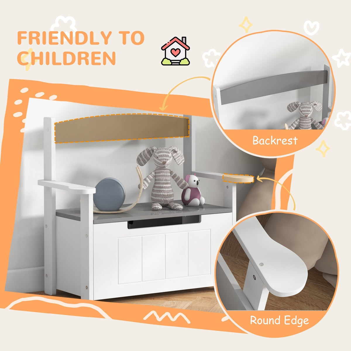 AIYAPLAY 2-in-1 Toy Box, this kids storage bench has a backrest and round edges