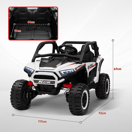 The white kids electric buggy with dimensions shown for length, width and height