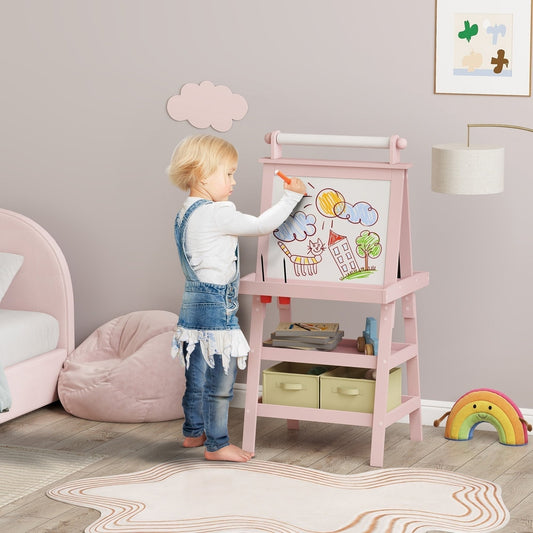 A young girl drawing on the pink kids easel with chalk in a bedroom setting