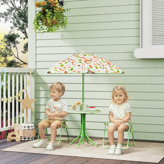 Two children sitting at the kids garden table and chair set on a patio