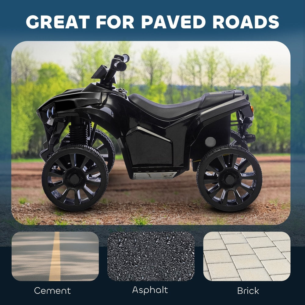 The black ride on car shown on different road surfaces like cement, asphalt and brick