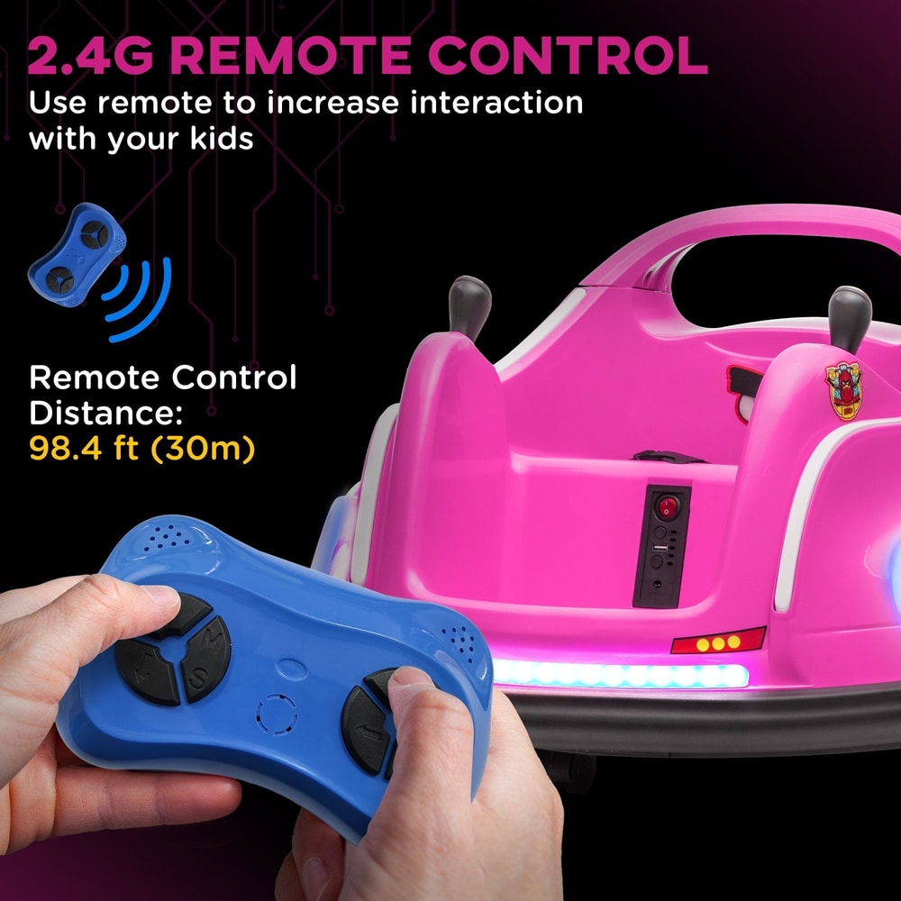 The ride-on car shown alongside a blue remote control used for operating the vehicle