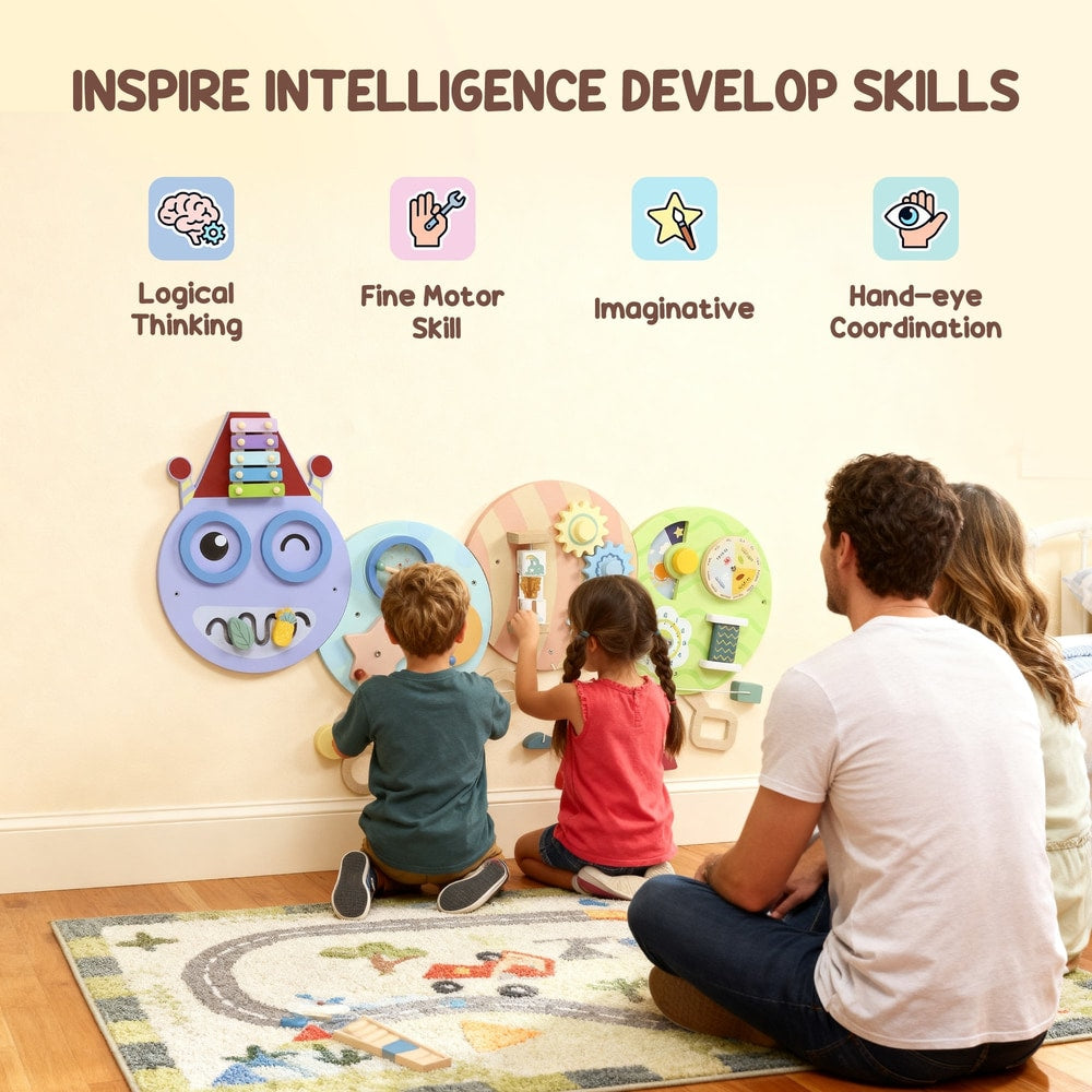 The caterpillar busy board in a playroom with a family interacting