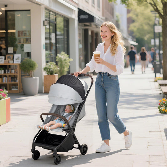 The baby stroller being pushed by a woman along a sunny outdoor pavement with a child inside