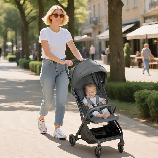 The baby stroller being pushed by a woman along a sunny outdoor path with a child sitting inside