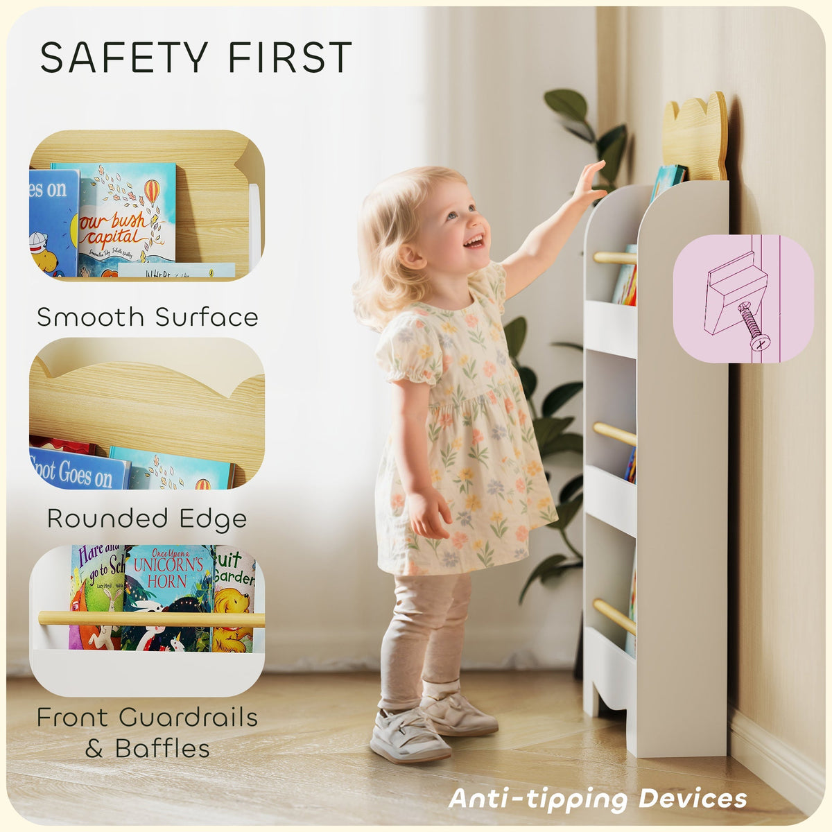 Close-up of the white kids bookcase showing rounded edges and safety features for children