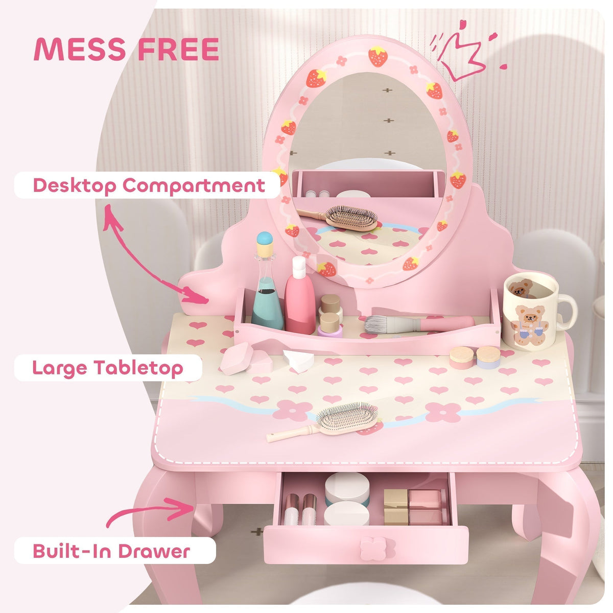 Close up of the pink kids dressing table showing the drawer and desktop compartments