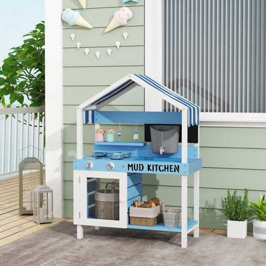 The blue kids mud kitchen has a roof, sink, faucet, stove and storage shelves