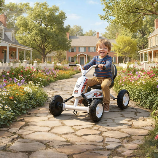 Young boy happily riding the white pedal go kart on a paved garden path