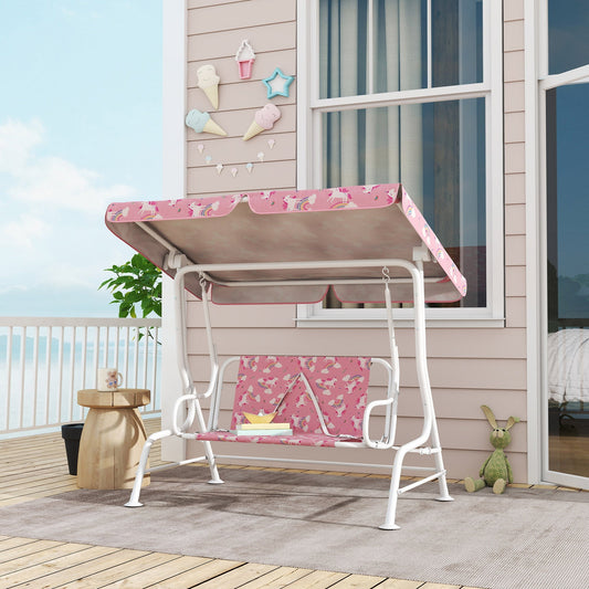 The kids swing chair placed on a wooden balcony with a rug and decorative items nearby