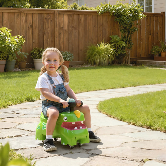 A young girl happily rides the green dinosaur foot to floor slider in a garden