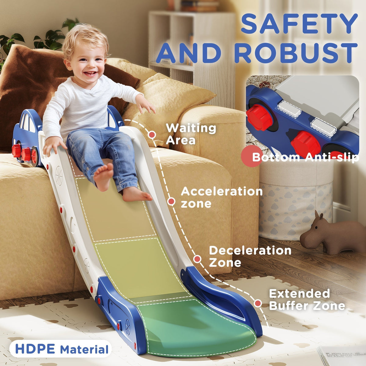 Close-up of a blue and white kids slide showing safety features and material