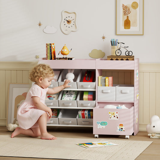 A toddler girl playing with the kids storage unit filled with toys in a bright nursery room