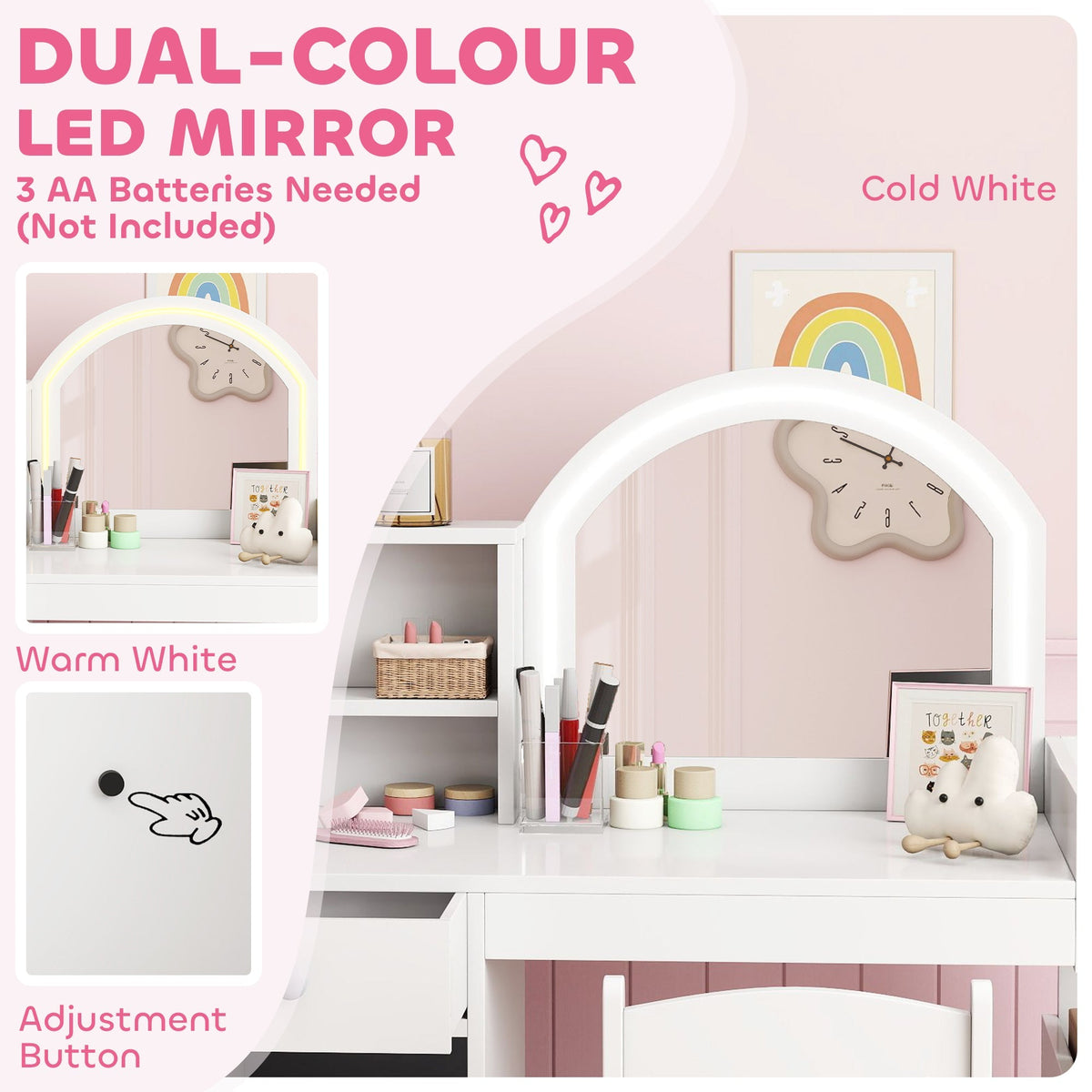 LED mirror on the dressing table showing warm and cold white light options