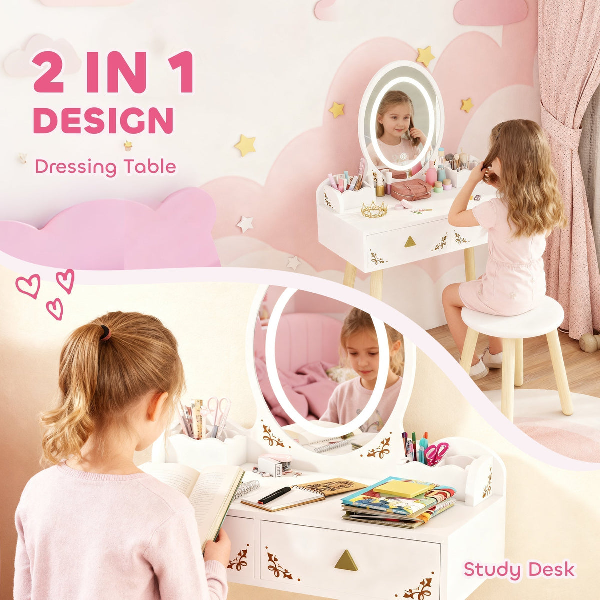 The dressing table shown as both a vanity and a study desk for a young child