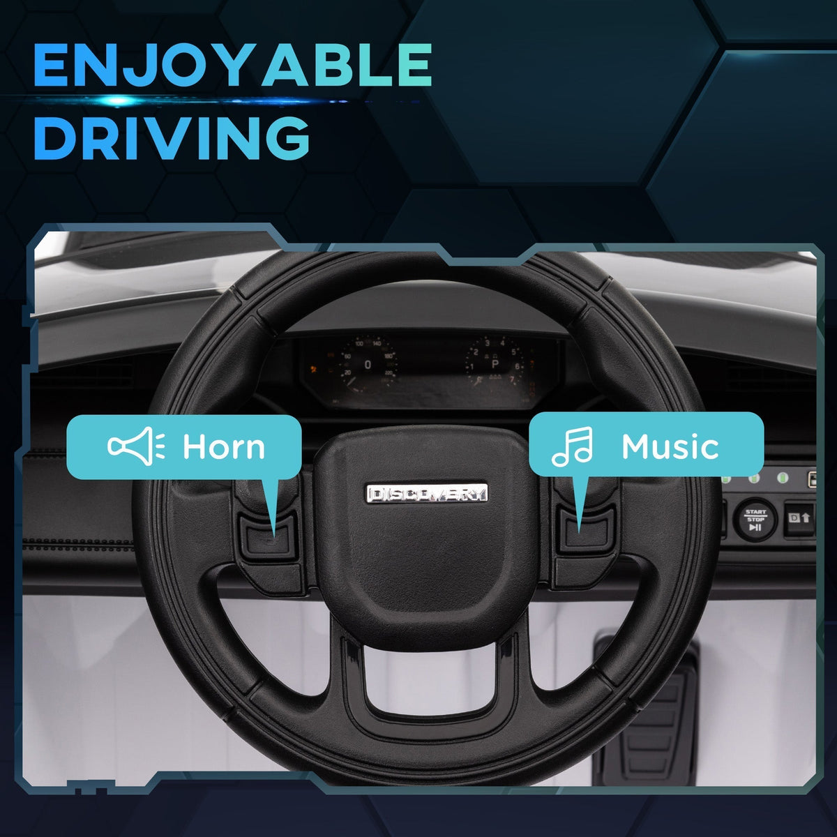Close-up of the steering wheel in the white kids electric car, showing controls for horn and music