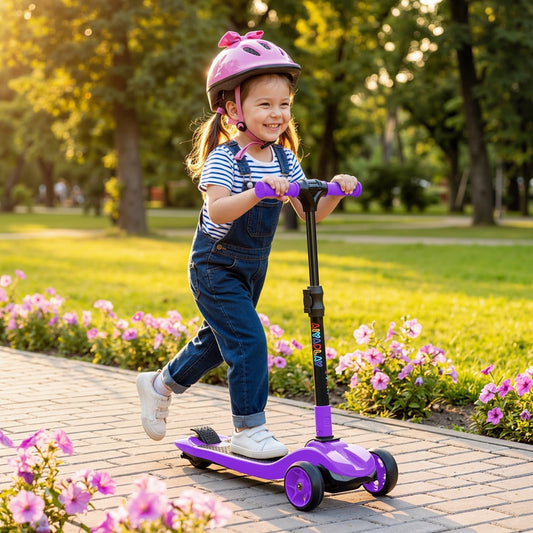 A smiling girl wearing a helmet rides the purple kids electric scooter on a sunny path in a park