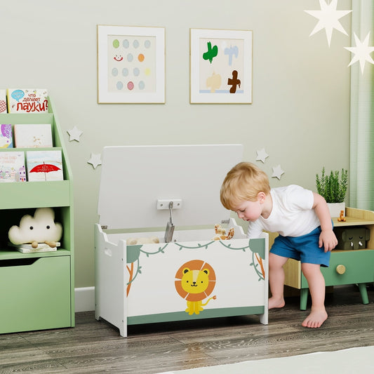 The kids storage box is open with a young boy looking inside, surrounded by other children's furniture