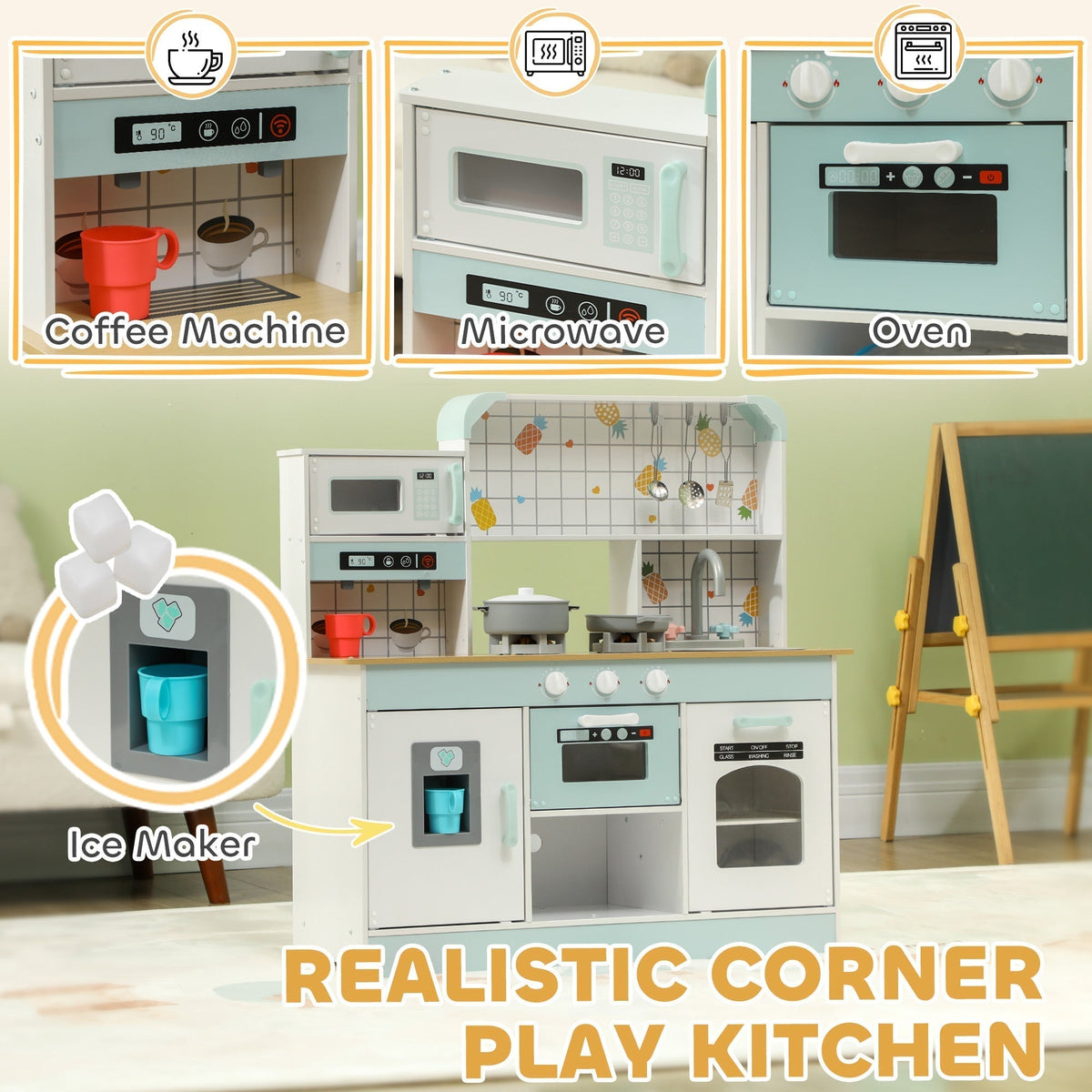 A realistic corner play kitchen with coffee machine, microwave and ice maker features