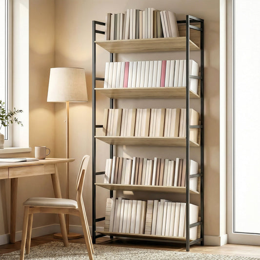 HOMCOM Bookshelf 5-Tier Metal Frame Room Divider Bookcase Storage Shelves for Living Room Oak