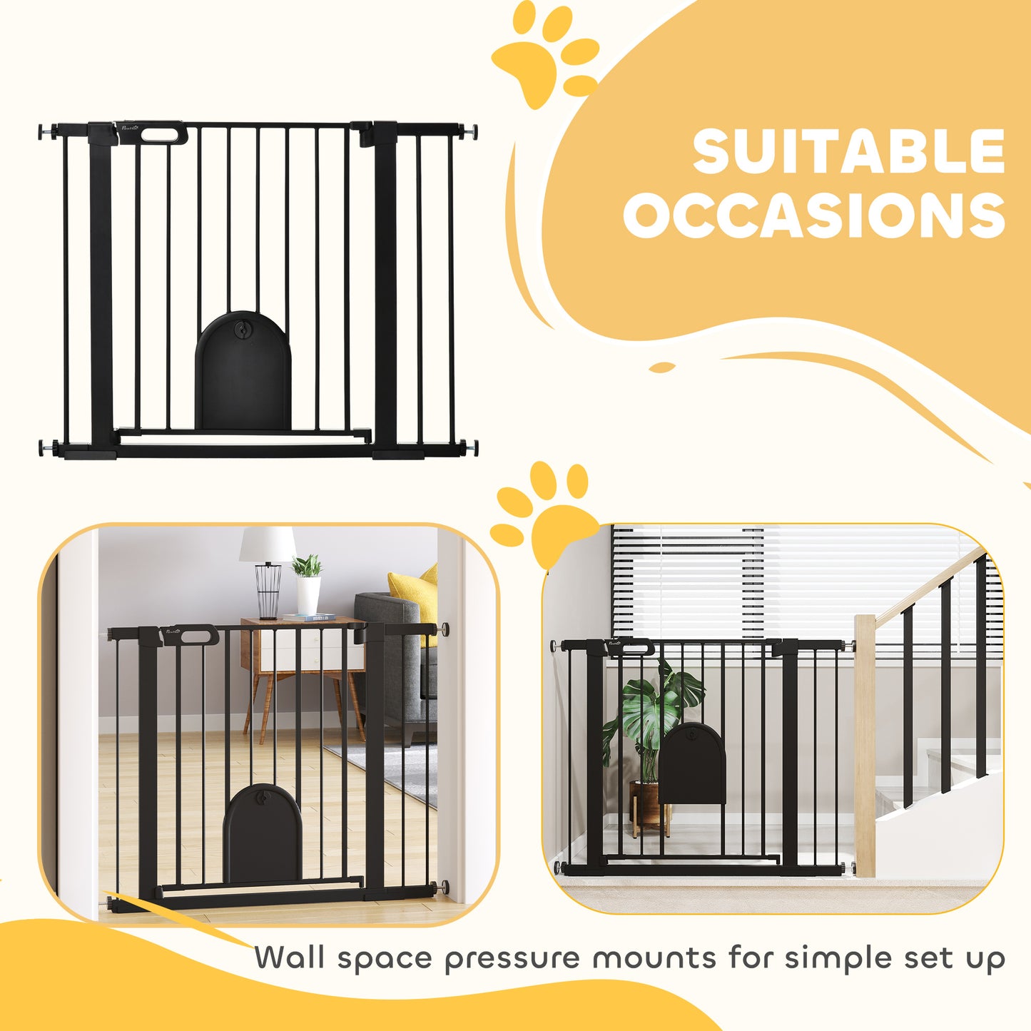 PawHut Dog Gate with Cat Flap Pet Safety Gate Barrier, Stair Pressure Fit, Auto Close, Double Locking, for Doorways, Hallways, 75-103 cm Black