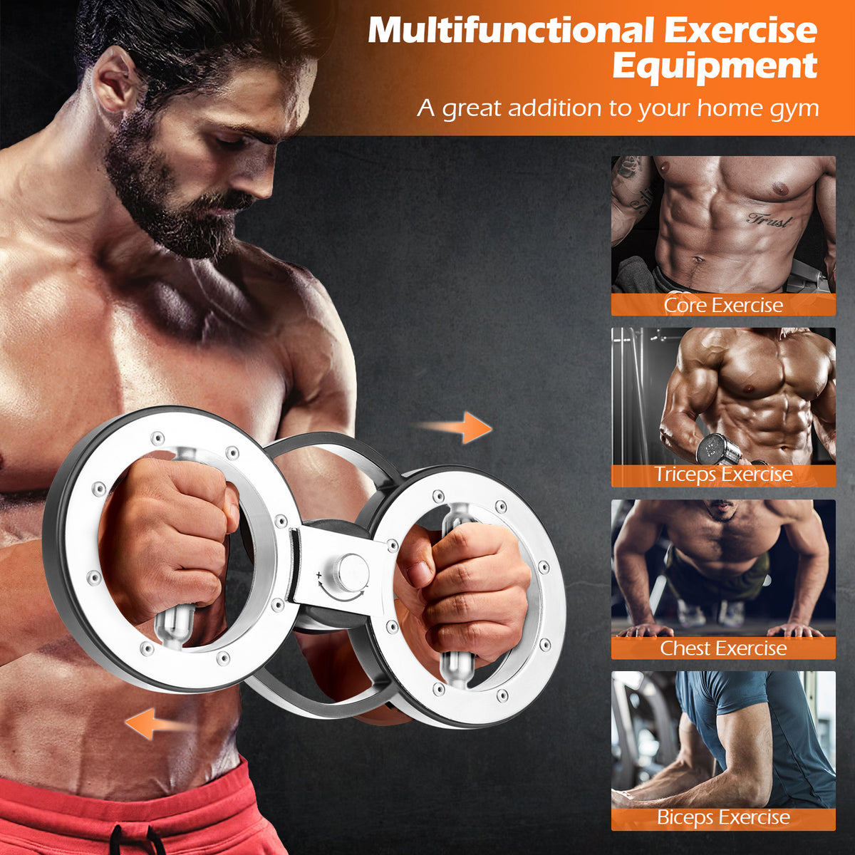 The multifunctional exercise equipment shown with different workout examples for core, triceps, chest and biceps