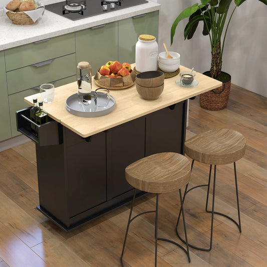 HOMCOM Kitchen Island with Drop Leaf, Rolling Kitchen Storage Trolley on Wheels with 3 Drawers, Black