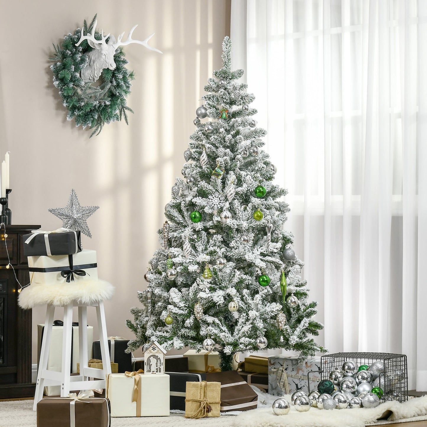 HOMCOM 6 Ft Snow Flocked Artificial Christmas Tree Xmas Pine Tree with Realistic Branches, Auto Open and Steel Base, Green