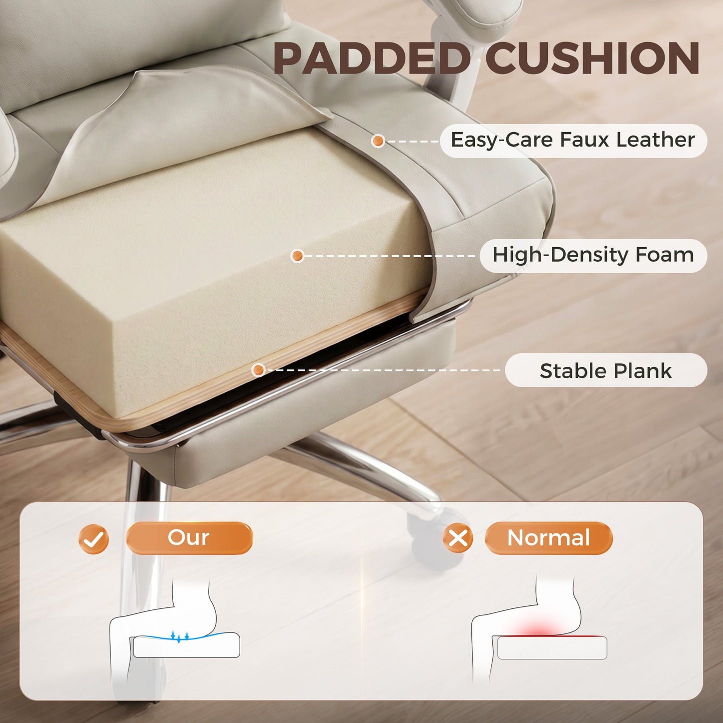HOMCOM Ergonomic Executive Office Chair, Reclining Desk Chair with Lumbar Support, Footrest, Plush Thick Cushion, Khaki